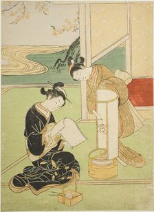 Evening Glow of a Lamp (Andon no sekisho), from the series "Eight Views of the Parlor..., c. 1766. Creator: Suzuki Harunobu