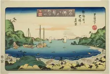 Evening Glow at Atami, True View of Oshima from Atami Harbor (Atami sekisho, Atamiga..., c. 1833/34. Creator: Utagawa Toyokuni II