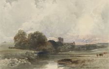 Evening landscape with the ruins of Kirkstall Abbey, Yorkshire, 1794-1849. Creator: Peter de Wint