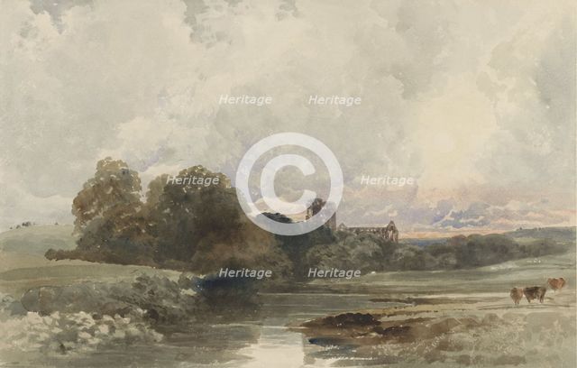 Evening landscape with the ruins of Kirkstall Abbey, Yorkshire, 1794-1849. Creator: Peter de Wint.