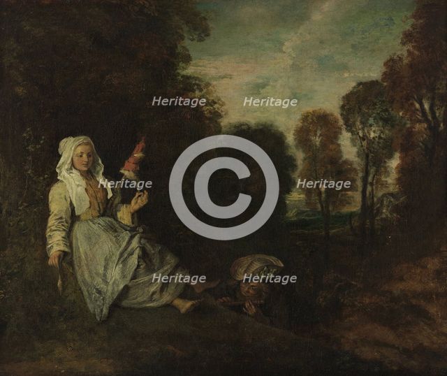 Evening Landscape with Spinner, ca 1715. Artist: Watteau, Jean Antoine (1684-1721)