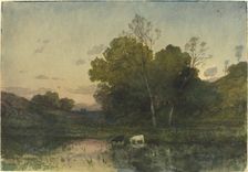 Evening Light on a Wooded Lakeside with Cattle Drinking, 1882. Creator: Henri-Joseph Harpignies