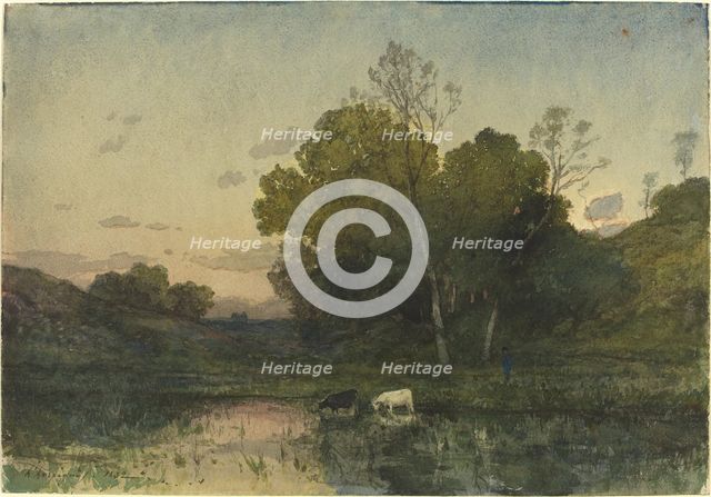 Evening Light on a Wooded Lakeside with Cattle Drinking, 1882. Creator: Henri-Joseph Harpignies.