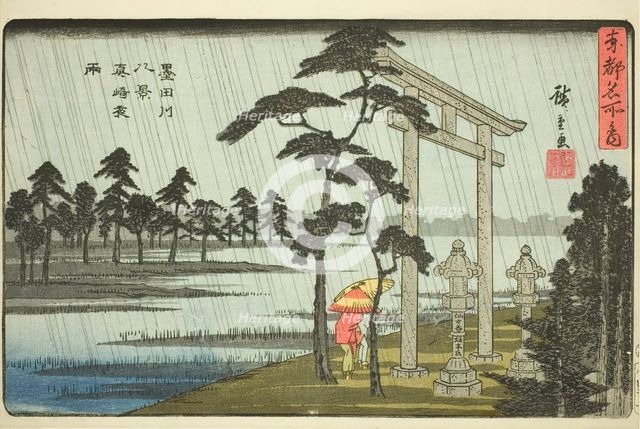 Evening Rain at Massaki, Eight Views of the Sumida River (Sumidagawa hakkei, Massak,..., c. 1840/42. Creator: Ando Hiroshige.