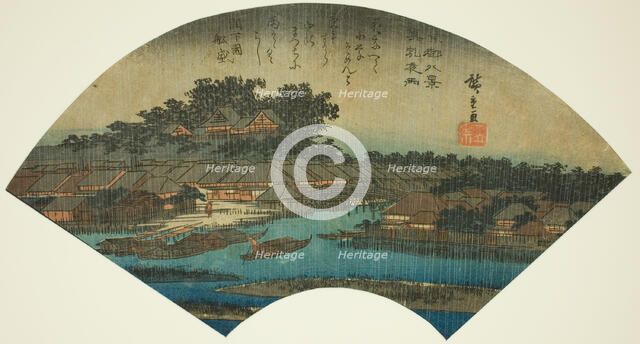 Evening Rain at Matsuchiyama (Matsuchiyama yau), from the series "Eight Views of the..., 1836/37. Creator: Ando Hiroshige.