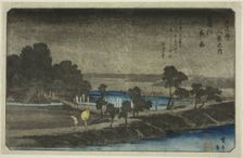 Evening Rain at Azuma Shrine (Azuma no mori yau), from the series "Eight Views in..., c. 1837/38. Creator: Ando Hiroshige