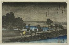 Evening Rain at Azuma Shrine (Azuma no mori yau), from the series "Eight Views in..., c. 1837/38. Creator: Ando Hiroshige