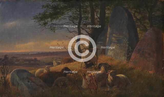 Evening Scene with Sheep on a Mound, 1845. Creator: Johan Thomas Lundbye.