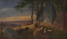 Evening Scene with Sheep on a Mound, 1845. Creator: Johan Thomas Lundbye