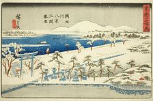 Evening Snow at Mimeguri, Eight Views of the Sumida River (Sumidagawa hakkei, Mimegu..., c. 1840/42. Creator: Ando Hiroshige