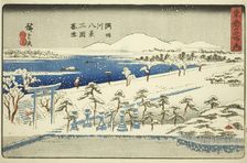Evening Snow at Mimeguri, Eight Views of the Sumida River (Sumidagawa hakkei, Mimegu..., c. 1840/42. Creator: Ando Hiroshige