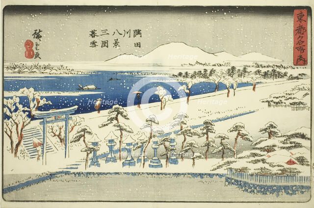 Evening Snow at Mimeguri, Eight Views of the Sumida River (Sumidagawa hakkei, Mimegu..., c. 1840/42. Creator: Ando Hiroshige.