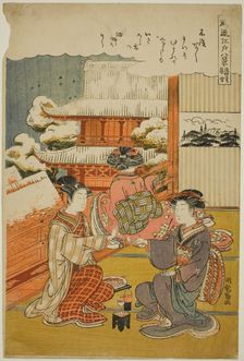 Evening Snow at Sensoji Temple (Sensoji no bosetsu), from the series "Eight..., c1776/81. Creator: Isoda Koryusai