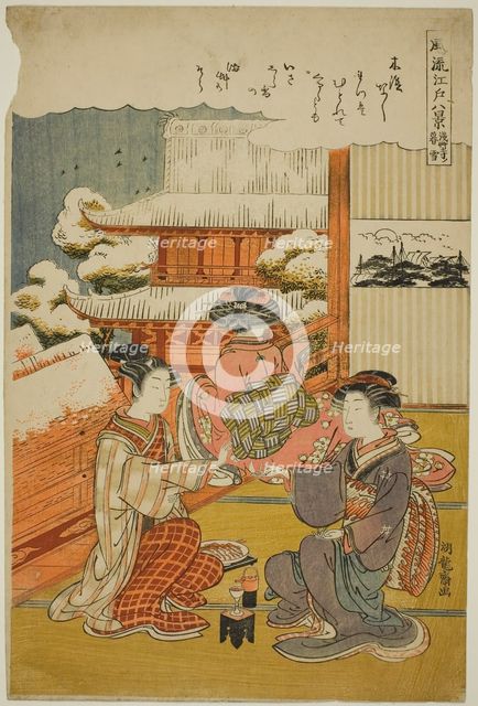 Evening Snow at Sensoji Temple (Sensoji no bosetsu), from the series "Eight..., c1776/81. Creator: Isoda Koryusai.