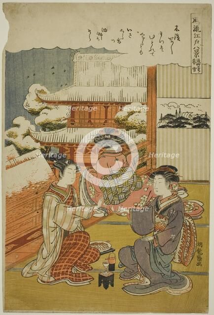 Evening Snow at Sensoji Temple (Sensoji no bosetsu), from the series "Eight..., c1776/81. Creator: Isoda Koryusai.