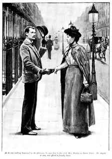 Eve's Ransom...he came face to face with Miss Madeley...She...offered a friendly hand, 1895. Creator: George Meisenbach