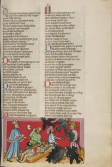 Evilmerodach Ordering the Murder of his Father Nebuchadnezzar; Weltchronik, about 1400-1410. Creator: Unknown