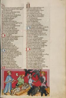 Evilmerodach Ordering the Murder of his Father Nebuchadnezzar; Weltchronik, about 1400-1410. Creator: Unknown