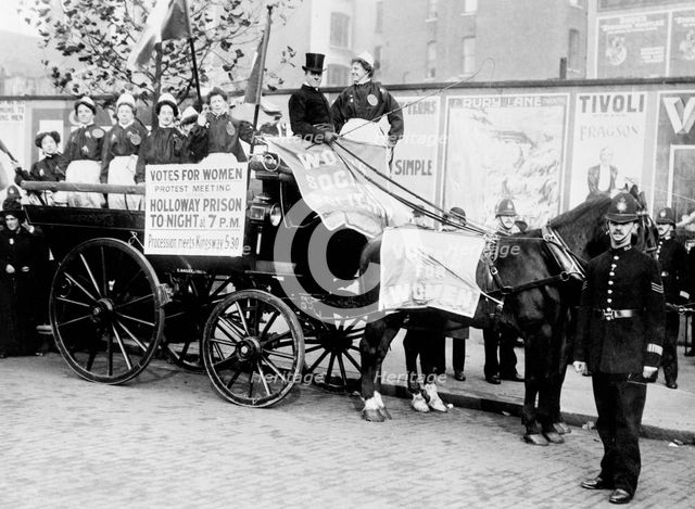 Ex-suffragette prisoners, advertise a 'protest meeting' to be held outside Holloway Gaol, 1908. Artist: Unknown