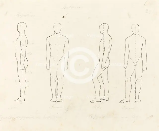 Extent of Motion, Front and Side View Equipoised, Supported on One Leg, published 1829. Creator: George Scharf.