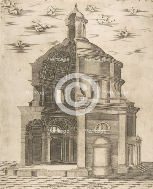 Exterior and interior section of a temple in Rome dedicated to Neptune, 1541. Creator: Giulio Bonasone.