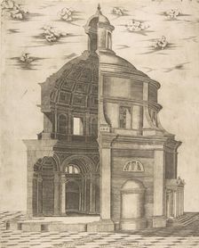 Exterior and interior section of a temple in Rome dedicated to Neptune, 1541. Creator: Giulio Bonasone
