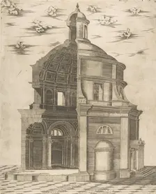 Exterior and interior section of a temple in Rome dedicated to Neptune, 1541. Creator: Giulio Bonasone