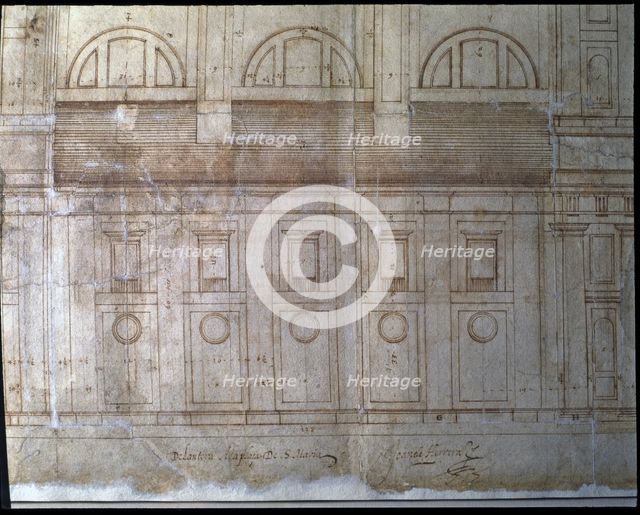 Exterior elevation detail of the façade of the Cathedral of Valladolid in Santa María square, bui…