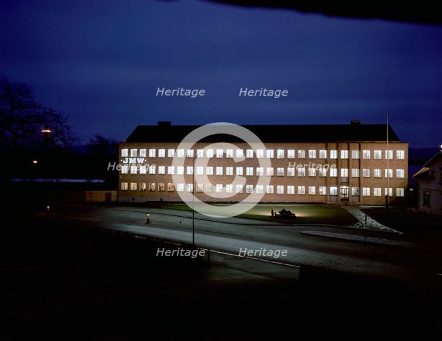 Exterior of an engineering industry building at night, Jönköping, Sweden, 1954. Creator: Göran Algård.