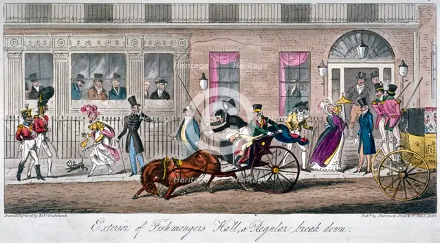 'Exterior of Fishmongers Hall, a Regular break down', 1824.          Artist: Isaac Robert Cruikshank
