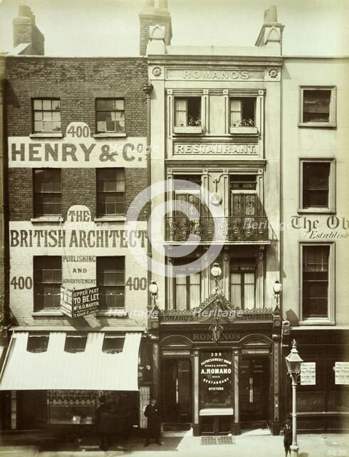 Exterior of Romano's Restaurant and adjoining buildings Strand, Westminster, London, 1885. Artist: Henry Bedford Lemere.