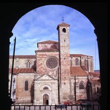 Exterior view of the Cathedral of Siguenza through an arc