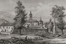 Exterior view of the Charterhouse of El Paular, Rascafría, Spain, 1878. Creator: Enrique Alba