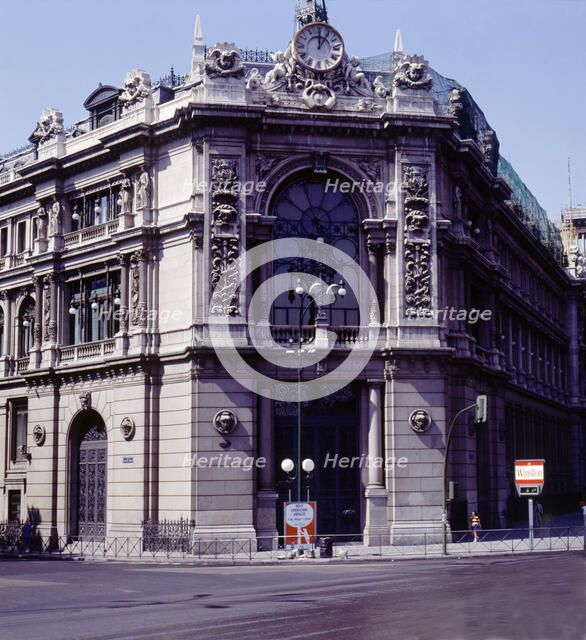 Exterior view of the building of the Bank of Spain in the Alcalá Street, Madrid, designed by arch…