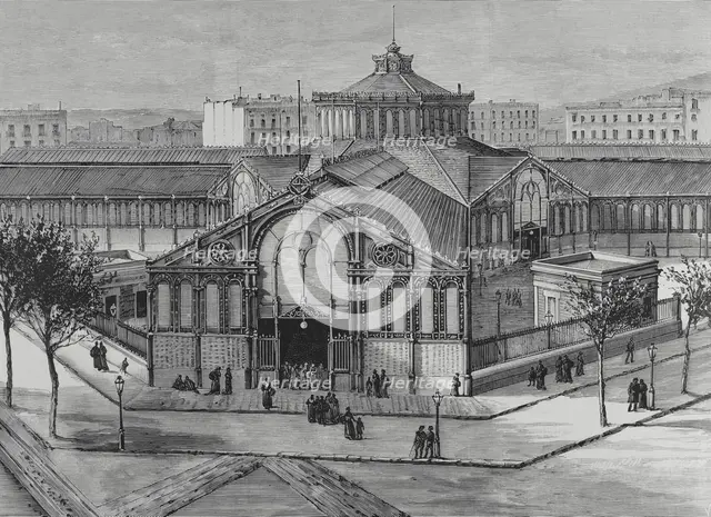 Exterior view of the new San Antonio Market, Barcelona, Catalonia, Spain, 1883. Creator: Eugenio Vela.