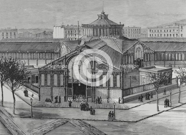 Exterior view of the new San Antonio Market, Barcelona, Catalonia, Spain, 1883. Creator: Eugenio Vela.
