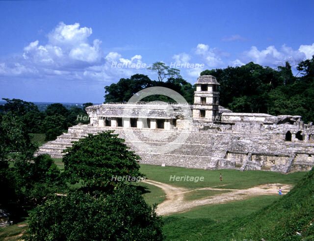 Exterior view of 'The Palace' in the Mayan ruins of Palenque.