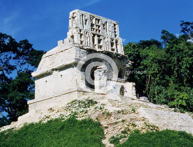 Exterior view of the Temple of the Cross in the Mayan ruins of Palenque.