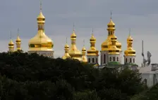 Exterior view of the thirteen golden onion domes, Saint Sophia Cathedral, Kiev, Ukraine, 2011. Creator: LTL