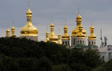 Exterior view of the thirteen golden onion domes, Saint Sophia Cathedral, Kiev, Ukraine, 2011. Creator: LTL