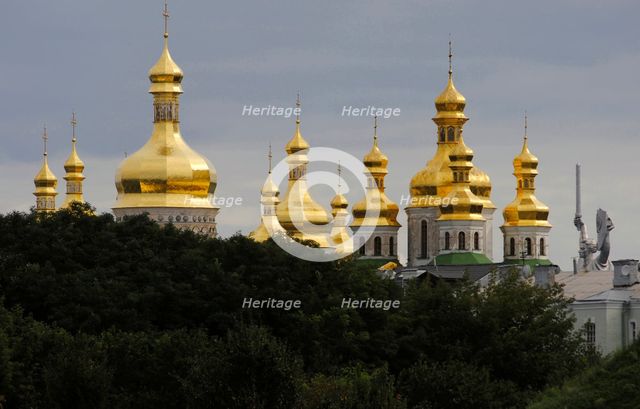 Exterior view of the thirteen golden onion domes, Saint Sophia Cathedral, Kiev, Ukraine, 2011.  Creator: LTL.