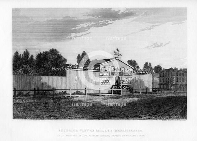 Exterior view of Astley's Amphitheatre in London as it appeared in 1777, (1840). Artist: William Capon