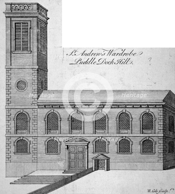 Exterior view of St Andrew by the Wardrobe, City of London, c1750.   Artist: Benjamin Cole