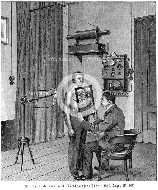 Examining a patient's thorax using an X-ray tube and fluorescent screen, 1903.  Creator: Unknown.