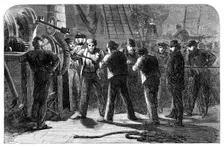 Examining the Atlantic Telegraph Cable, after raising it, on board the Great Eastern, 1865. Creator: Unknown
