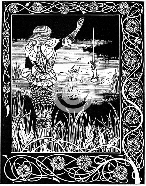 Excalibur being reclaimed by the Lady of the Lake, 1893. Artist: Aubrey Beardsley