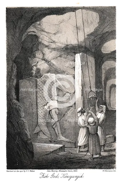 Excavating a low-relief carving of the Fish god Dagon, Nineveh, 1853. Artist: N Chevalier