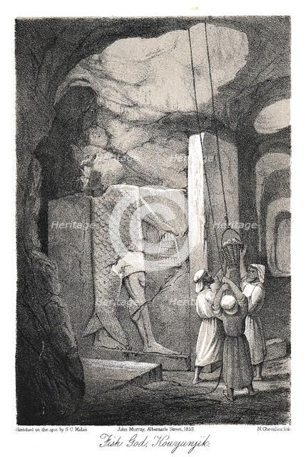 Excavating a low-relief carving of the Fish god Dagon, Nineveh, 1853. Artist: N Chevalier