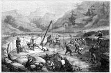 Excavating and washing of sands at the bottom of a river California, 19th century.Artist: Gustave Adolphe Chassevent-Bacques