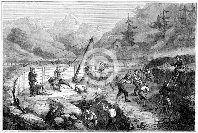'Excavating and washing of sands at the bottom of a river', California, 19th century.Artist: Gustave Adolphe Chassevent-Bacques